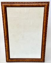 WALL MIRROR, rectangular burr yewwood and inlaid frame with bevelled mirror plate, 100cm x 70cm.