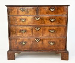 CHEST, early 18th century English Queen Anne figured walnut and crossbanded with two short and three