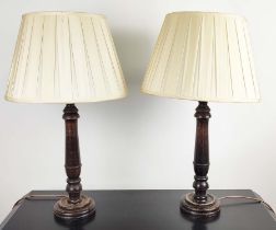 TABLE LAMPS, a pair, turned wood columns, each 74cm H including shades. (2)