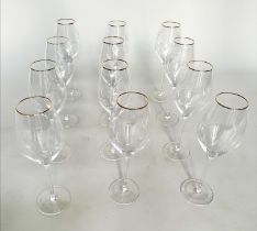 PALM TREE DRINKING GLASSES, a set of twelve tall palm tree etched with gilded rim, 26cm H. (12)