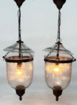 BELL JAR HALL LANTERNS, a pair, glass reeded tapering and bronze style mounted, 58cm x 34cm H. (2)