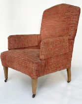 ARMCHAIR, Edwardian oak framed with open weave linen upholstery, 72cm W.