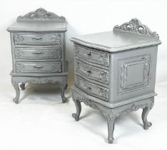 BEDSIDE CHESTS, 80cm H x 50cm x 45cm, a pair, Louis XV style grey painted, each with three