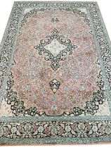 FINE PURE SILK QUM DESIGN CARPET, 318cm x 215cm.