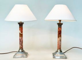 MARBLE TABLE LAMPS, a pair, neo classical form rouge marble and silvered with Corinthian capping and