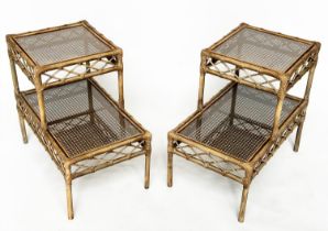 LAMP TABLES, a pair, rattan, bamboo wicker panelled and cane bound, each glazed with two stepped