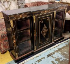 CREDENZA, Victorian ebonised of breakfront form, 151cm W x 36cm D x 100cm H, with inlaid detail,