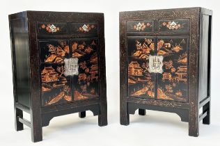 CHINESE SIDE CABINETS, a pair, Chinese lacquered and gilt Chinoiserie decorated each with two
