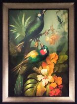 CONTEMPORARY SCHOOL PRINT, birds among the foliage relief detail, framed, 105.5cm x 75.5cm.
