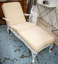 SUN LOUNGER, 75cm H x 192cm L, white metal with adjustable back and cream fabric cushion.