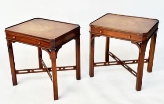 LAMP TABLES, a pair, George III design figured mahogany each rectangular galleried with frieze