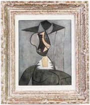 AFTER PABLO PICASSO, Femme Au Chapeau, off set lithograph, French vintage, Montparnasse frame, 26.