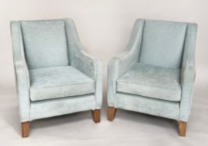 ARMCHAIRS, a pair, soft blue chenille velvet with tapering oak supports, 74cm W. (2)