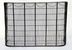 NURSERY FENDER, Victorian wrought iron and mesh panelled with brass rail and arch detail, 93cm W x