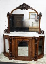 MARBLE TOPPED CREDENZA, 47cm D x 167cm W x 235cm H, Victorian walnut with carved mirrored back and