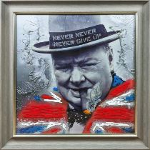 CONTEMPORARY SCHOOL, 'Portrait of Churchill', with relief detail, framed, 85cm x 85cm.