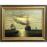CLAUDE THOMAS STANFIELD MOORE (1853-1901) 'A Steamship by Moonlight', oil on board, 26cm x 36cm,