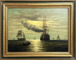 CLAUDE THOMAS STANFIELD MOORE (1853-1901) 'A Steamship by Moonlight', oil on board, 26cm x 36cm,