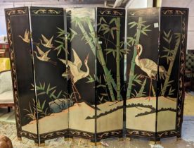 SCREEN, six panels, each panel 41cm W x 185cm H, Chinese lacquer depicting bamboo and birds.