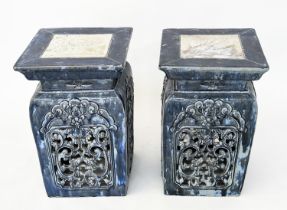 STANDS, a pair, Moorish style indigo glazed blue ceramic with pierced side panels, 38cm x 38cm x