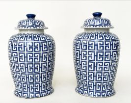 TEMPLE JARS, a pair, Chinese blue and white ceramic of lidded jar form with key design, 40cm H. (2)