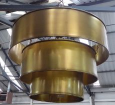 CEILING PENDANT LIGHT, three tier gilt metal shade design, 205cm drop.