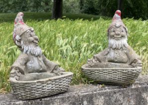 GARDEN GNOME PLANTERS, a pair, weathered reconstituted stone with traces of colour, 35cm W x 41cm H.