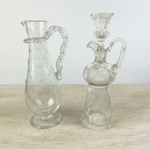 CLARET JUGS, two, one Edinburgh 'Thistle' with etched decoration the other bulbous form with frosted