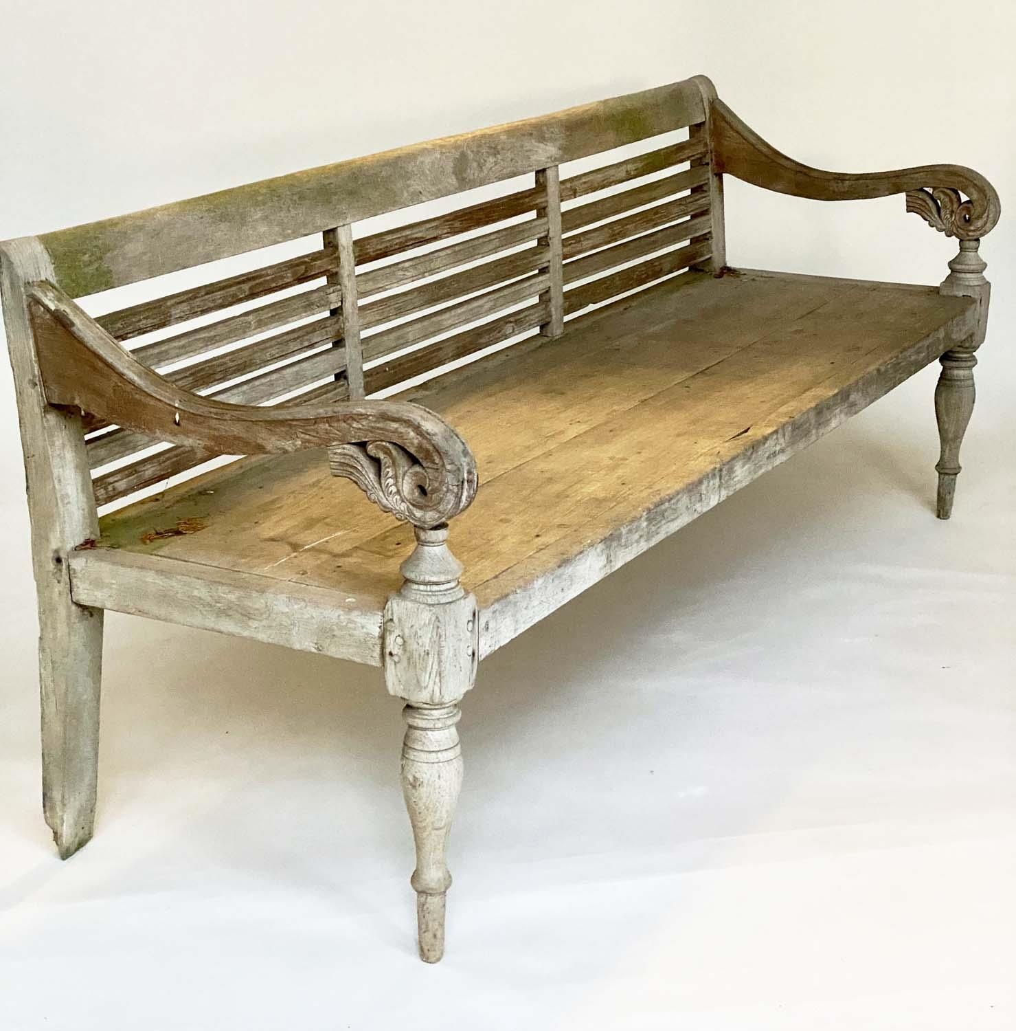 BENCH, Swedish style, weathered teak with scroll carved arms and turned front supports, 197cm W. - Image 3 of 9