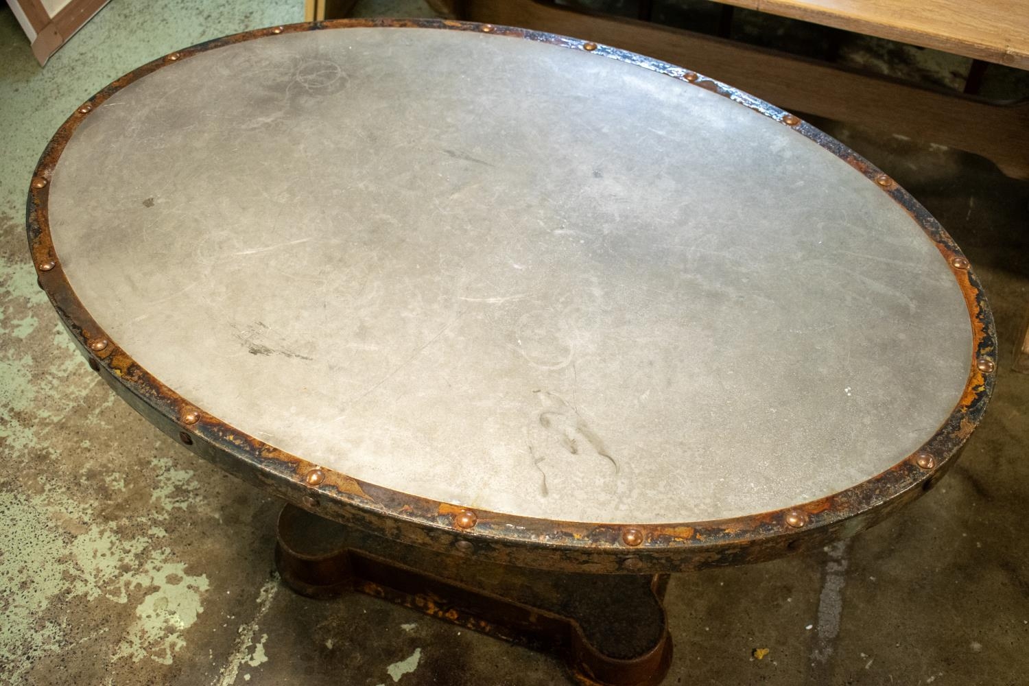 INDUSTRIAL TABLE, 77cm H x 130cm x 88cm, mid 20th century metal with oval top on pedestal base. - Image 5 of 5