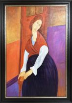 AFTER AMEDEO MODIGLIANI, 'Portrait of Jeanne Hebuterne', oil on canvas,91cm x 60cm, framed.