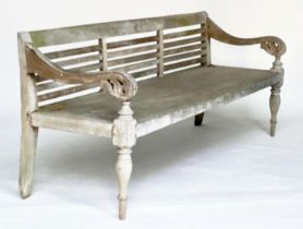 BENCH, Swedish style, weathered teak with scroll carved arms and turned front supports, 197cm W.