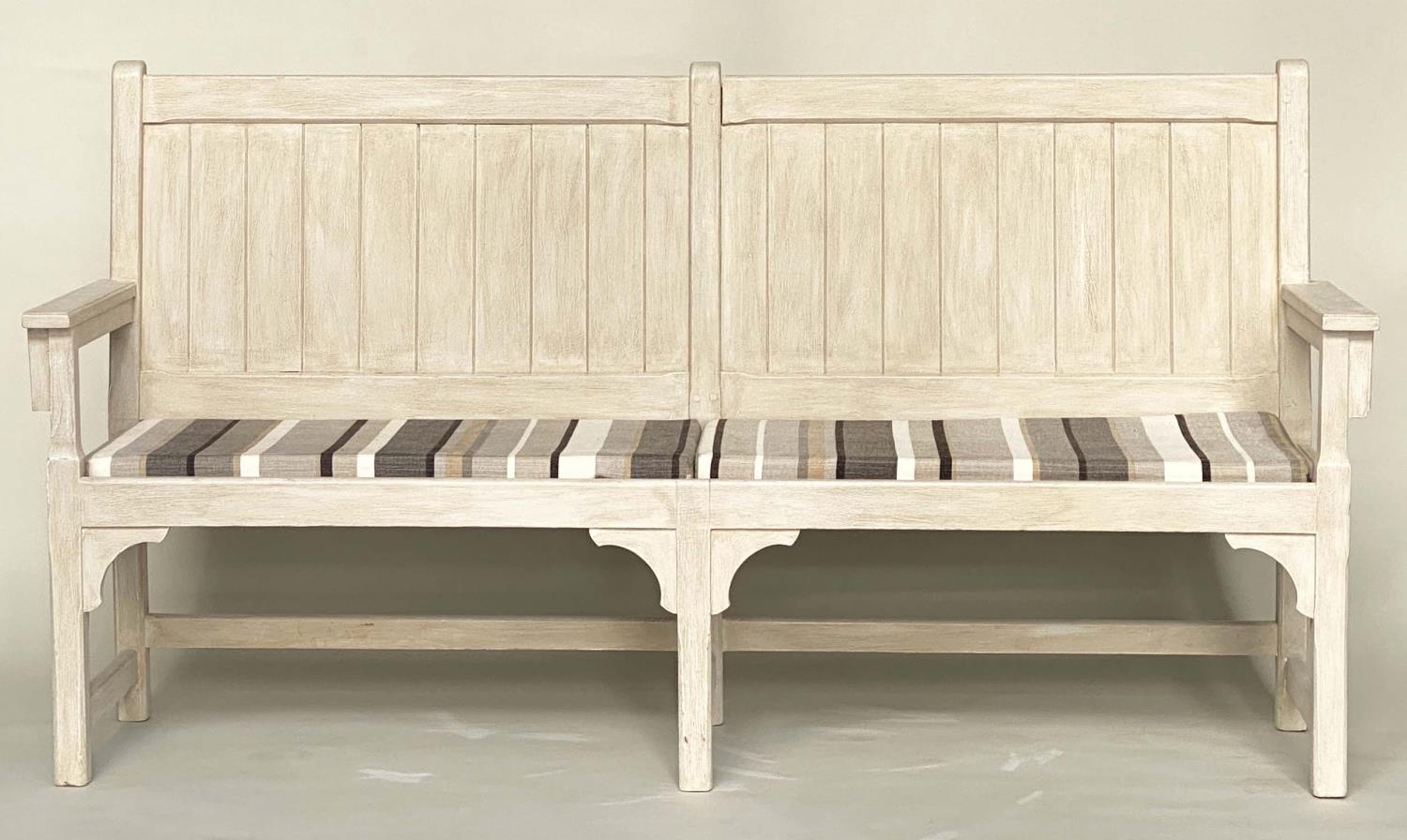 COUNTRY HOUSE BENCH, 189cm W, French style, grey painted, with striped seat cushions and arms.