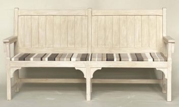 COUNTRY HOUSE BENCH, 189cm W, French style, grey painted, with striped seat cushions and arms.