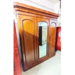 TRIPLE VICTORIAN WARDROBE, 220cm H x 192cm W x 65cm D, mahogany with two panel doors and mirrored