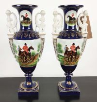 VASES, a pair, Sèvres style glazed ceramic, each depicting a hunting scene, 48cm H. (2)