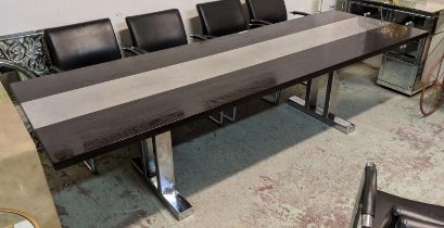 MATTHEW COLLINS DINING TABLE, 1950s French style, black stained ash, central chromed steel detail to