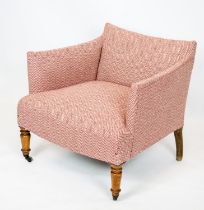 BERGERE, 63cm H x 69cm W, Napoleon III beechwood in pink herringbone fabric on wood front castors.