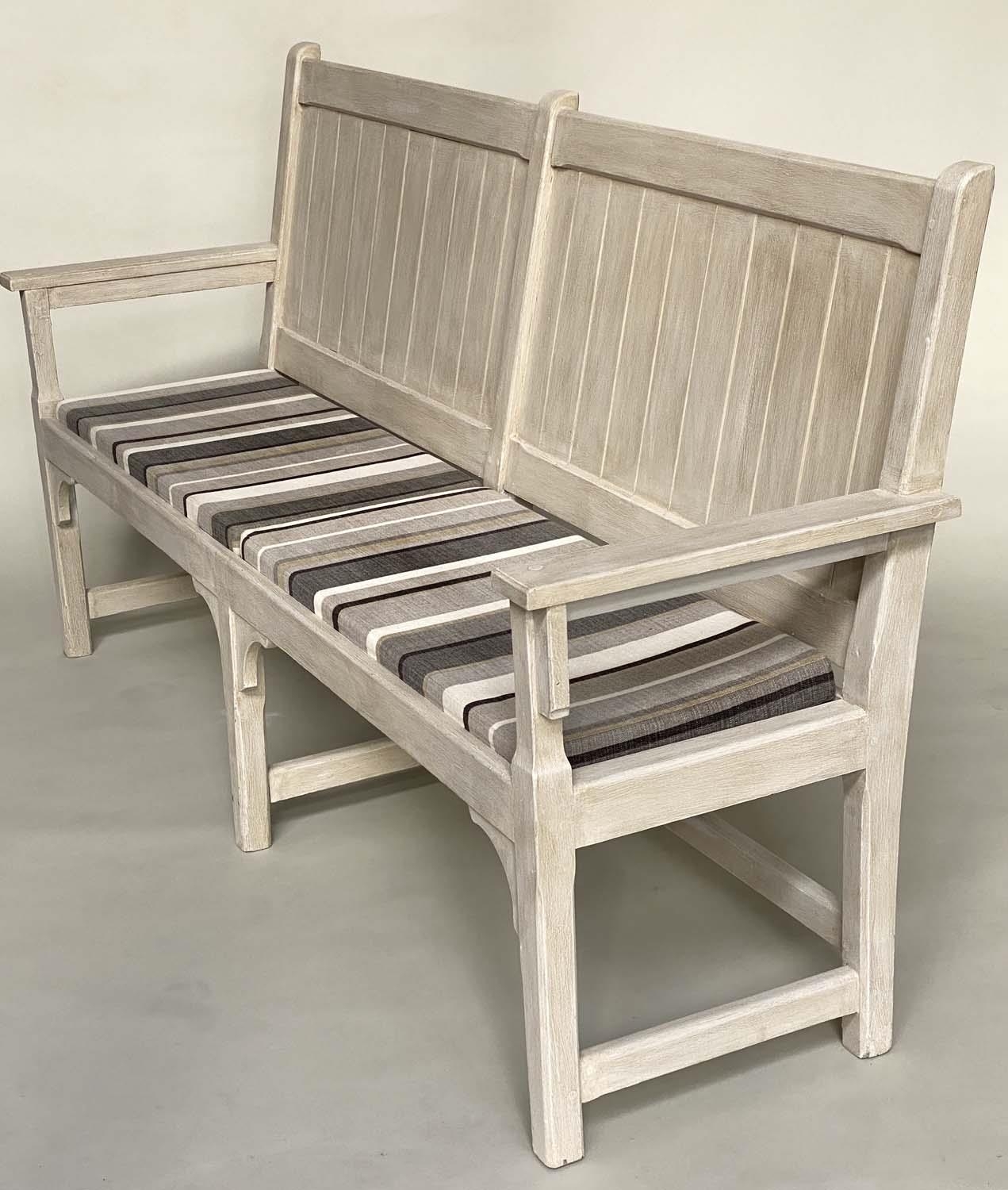 COUNTRY HOUSE BENCH, 189cm W, French style, grey painted, with striped seat cushions and arms. - Image 6 of 6