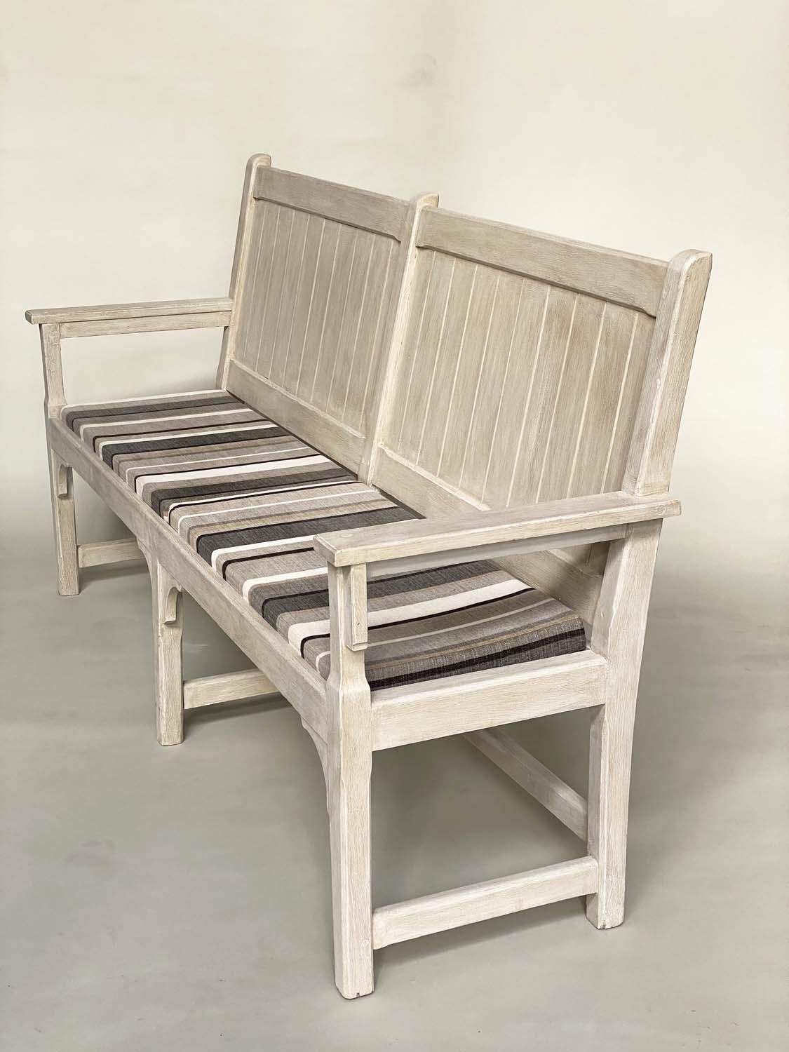 COUNTRY HOUSE BENCH, 189cm W, French style, grey painted, with striped seat cushions and arms. - Image 2 of 6