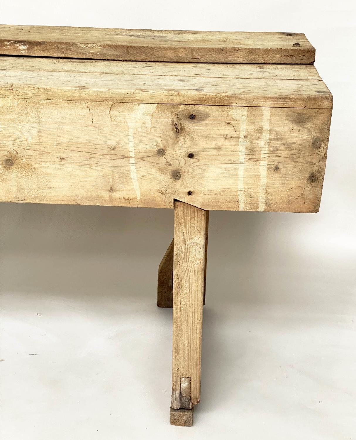 WORK BENCH, vintage/early 20th century broad planked pine, 211cm x 62cm x 80cm H. - Image 6 of 8