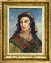 LEONIE HUMBERT VIGNOT (1879-1960, Lyon, France), 'Portrait of a Spanish Gypsy', oil on board, 34cm x