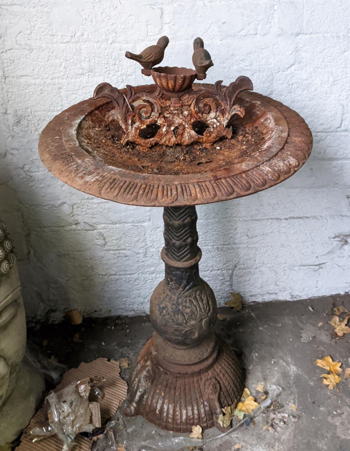 BIRD BATH, 86cm H x 49cm, with bird detail cast iron.