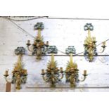 WALL LIGHTS, a set of five, each three branch, polychrome finish, 63cm L each.