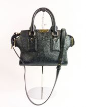 BURBERRY HANDBAG, grained black leather, gold tone hardware and front plaque with logo, two handles,