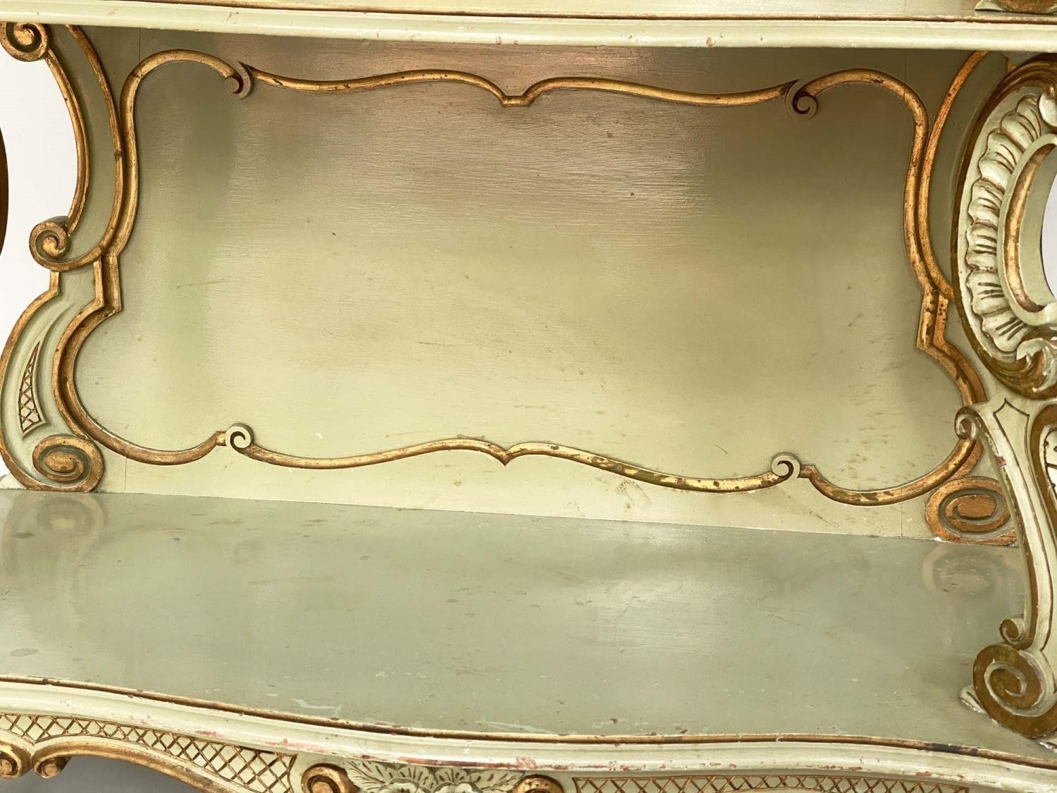 DISPLAY SHELVES, Continental late 19th/early 20th century green and parcel gilt with four - Image 3 of 4