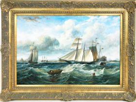 MANNER OF WILLIAM J HUGGINS 'Clipper and other Vessels in South China sea', oil on canvas, 59cm x