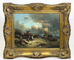 MANNER OF WILLIAM SHAYER, 'Figures on a Beach with Fishing Boats', oil on canvas, 50cm x 59cm,