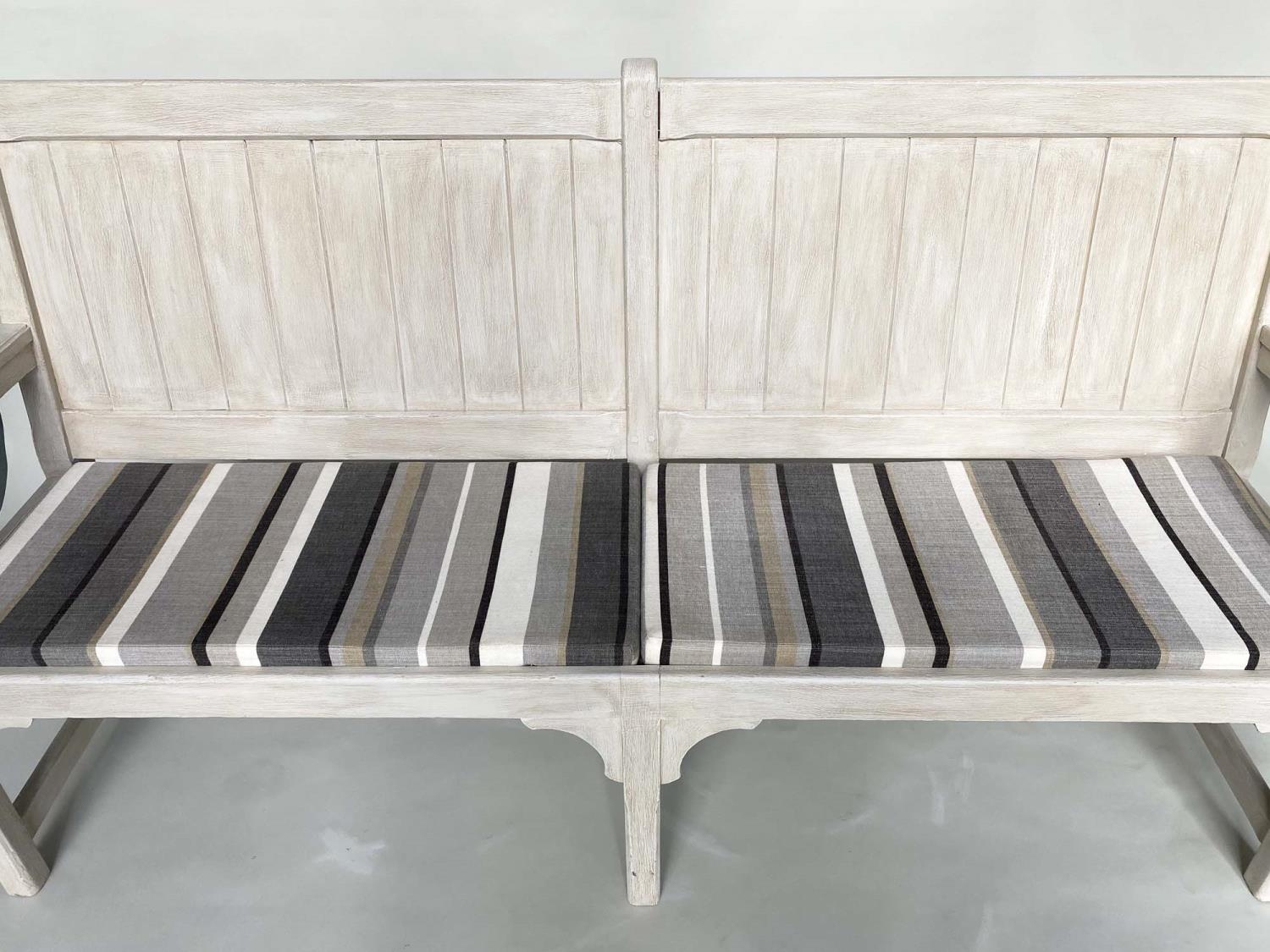 COUNTRY HOUSE BENCH, 189cm W, French style, grey painted, with striped seat cushions and arms. - Image 3 of 6