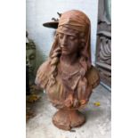 GARDEN STATUE, bust of a maiden, 63cm H, cast iron.